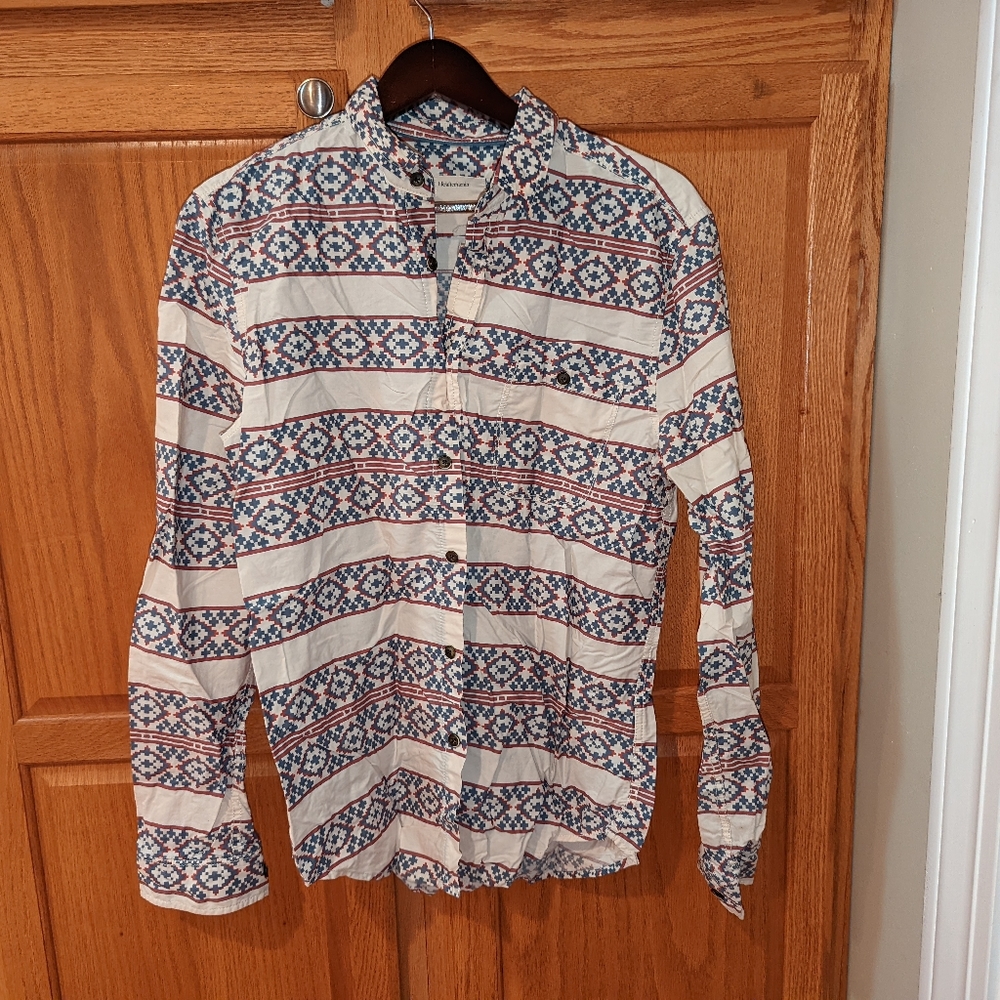 life/after/denim blue white southwestern tribal print men size M button up shirt